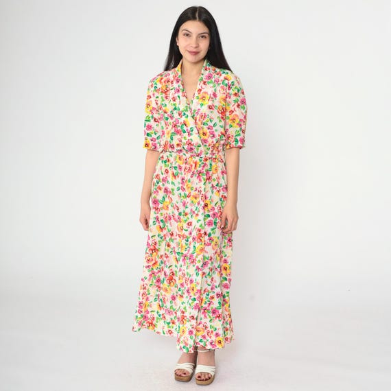 Vintage 80s Floral Dress White Midi Pink Yellow Flower Print Boho Wrap Dress Romantic 1980s High Waisted Short Sleeve Medium 8