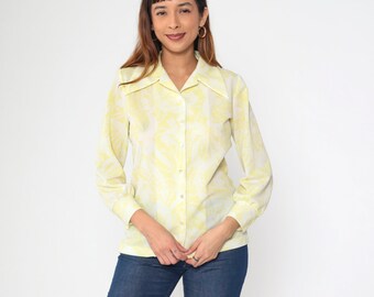 70s Floral Blouse Yellow White Button up Shirt Pointed Wing Collar Top Abstract Flower Print Long Sleeve Hippie Vintage 1970s Graff Medium M