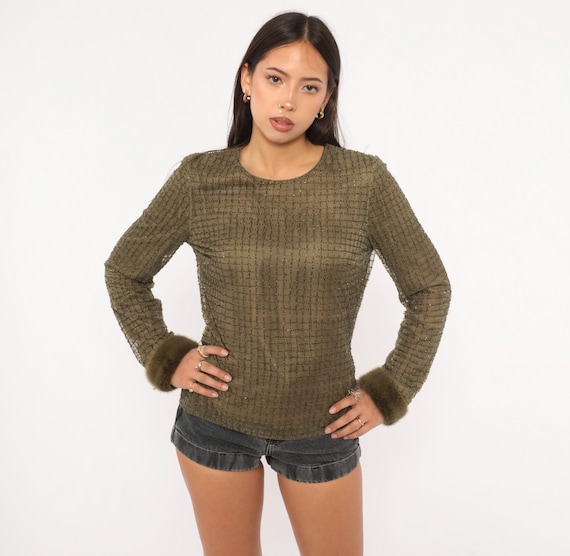 Beaded Olive Top 2000s Chetta B Fur Cuff Blouse Army Green Grid Textured Mesh Shirt Moss Embellished Going Out Evening Club Vintage Medium M