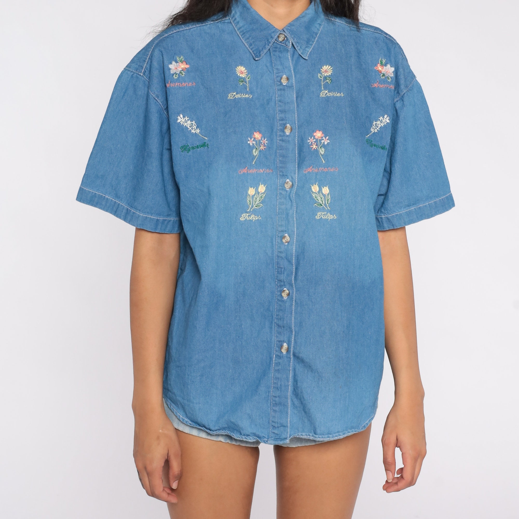 Floral Denim Shirt 90s Embroidered Jean 