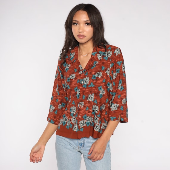 Floral Blouse 80s Button Up Shirt Brown Burnt Orange Flower Print Top 3/4 Sleeve Summer Blouse Retro Collar Vintage 1980s Oversized Medium