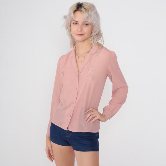 Vintage Blush Pink Bird Blouse 80s Embroidered Peacock Semi-Sheer Button up Top Long Sleeve Shirt Boho Romantic Feminine 1980s Small S