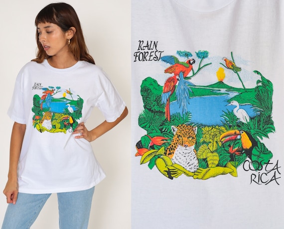 Costa Rica Shirt 90s Rain Forest T-Shirt Jungle Animals Graphic Tee Wildlife TShirt Parrot Toucan Bird Leopard Volcano Vintage 1990s Large L