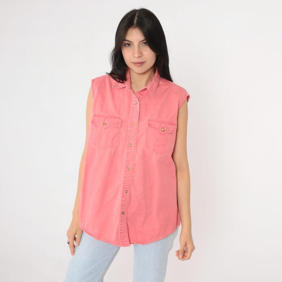 90s Pink Sleeveless Blouse Utility Chest Pocket Button Up Shirt Collared Tank Top 1990s Plain Vintage Cotton Vest Large L