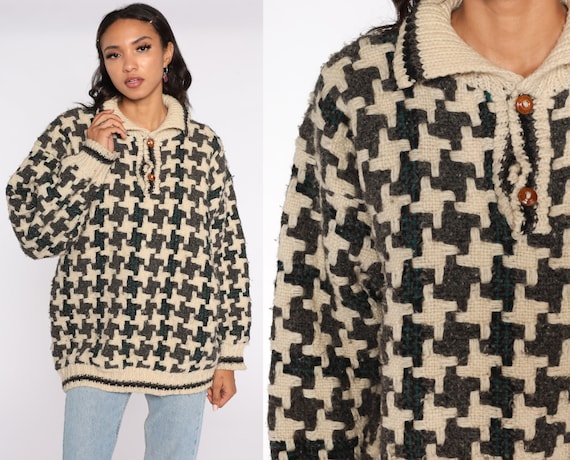 Wool Geometric Sweater Houndstooth 80s Sweater Cream Grey Knit Sweater 1980s Boho Vintage Pullover Large xl l