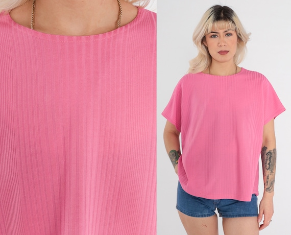 90s Pink Shirt -- Ribbed Polyester Tshirt Plain T… - image 1