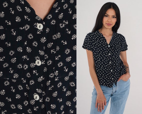 Nautical Blouse 90s Button Up Shirt Navy Blue White Anchor Print Short Sleeve Top V Neck Summer Sailing Vintage 1990s Liz Claiborne Small S