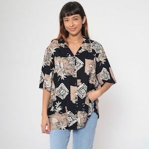 90s Button Up Shirt Black Leaf Stamp Print Blouse Tan Botanical Short Sleeve Top 1990s Floral Geometric Shirt Vintage Button Down 22W
