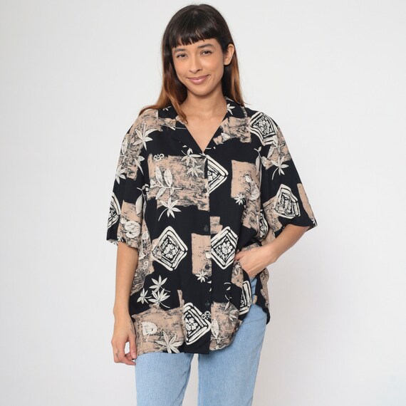 90s Button Up Shirt Black Leaf Stamp Print Blouse Tan Botanical Short Sleeve Top 1990s Floral Geometric Shirt Vintage Button Down 22W