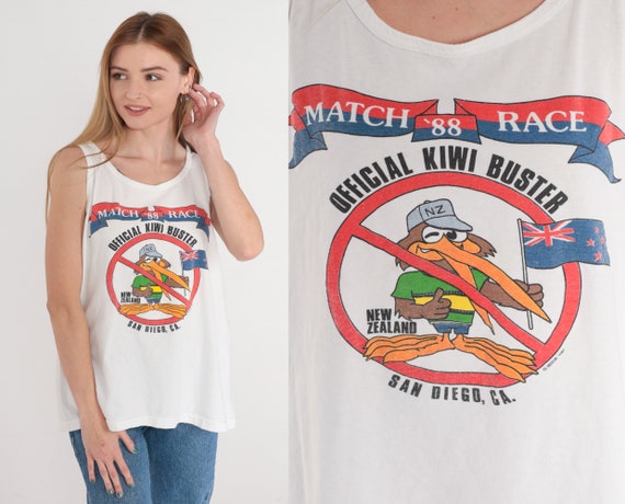 1988 America's Cup Shirt 80s Sailing Tank Top Match Race Graphic Tee San Diego New Zealand Sailboat Single Stitch White Vintage 1980s Large