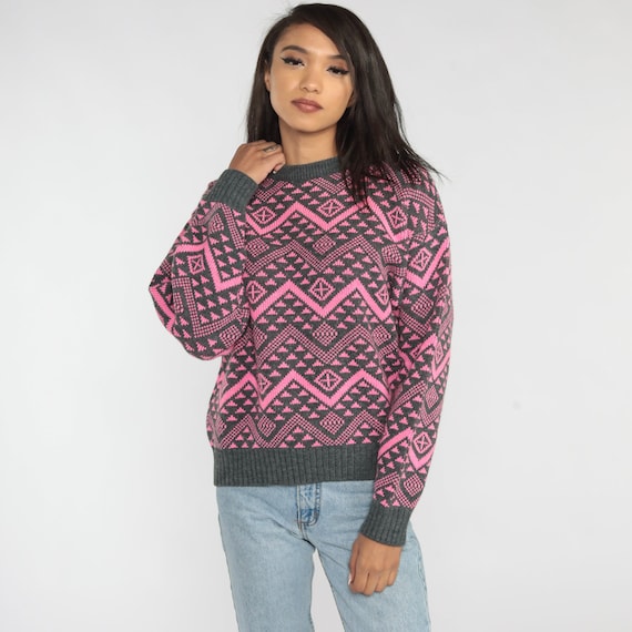 Pink Zig Zag Sweater 90s Grey Geometric Striped Knit Pullover Wool Blend Grunge Boho Hipster Statement Print Crewneck Vintage 1990s Small S