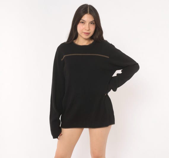 Y2K Black Knit Sweater Tan Stripe Pullover Long Sleeve Relaxed Fit Cotton Top Minimalist Layering Dark Neutral Grunge Casual Shirt Medium M