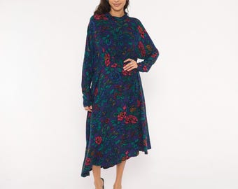 Vestido de cuello alto floral de los 90, morado, verde azulado, midi, manga larga, cintura baja, corte en A, jardín, botánico, tono joya, violeta, estilo cottagecore, vintage, talla L