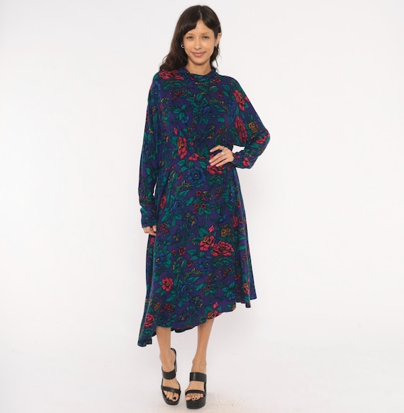 90s Floral Mock Neck Dress Purple Teal Midi Long Sleeve Drop Waist A Line Garden Botanical Jewel Tone Violet Cottage Core Vintage Large L