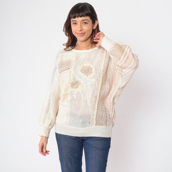 Beaded Floral Sweater 90s Mixed Media Pullover Kn… - image 4
