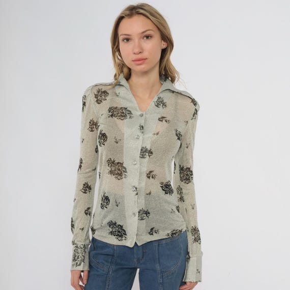 Metallic Rose Blouse Vintage 70s Silver Lurex Button Up Top Black Floral Print Long Sleeve Disco Era Collared Shirt Shimmery Leroy Small S
