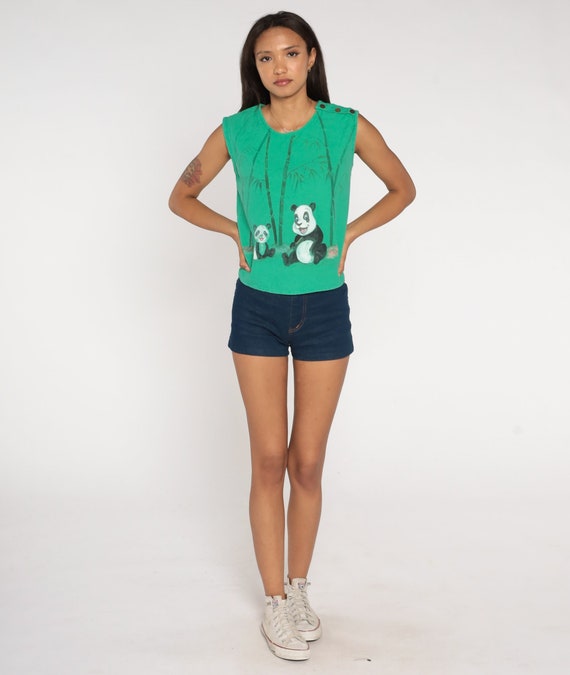 80s Panda Tank Top Green Painted Animal Graphic Tee Wildlife Bamboo Jungle Shirt Button Shoulder Cotton Top Vintage 1980s Small S