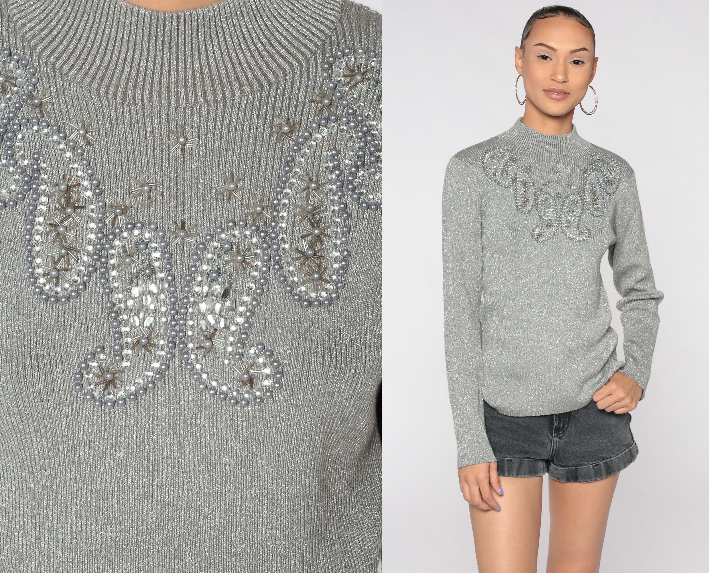 Beaded Silver Sweater Knit Metallic Top 