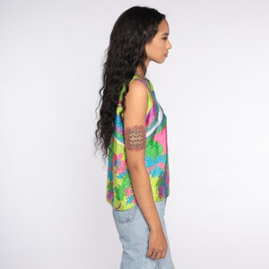 Floral Tank Top 80s Psychedelic Blouse Bohemian Shirt Hippie Vintage Shirt 1980s Boho Shiny Neon Lime Green Top Medium image 5