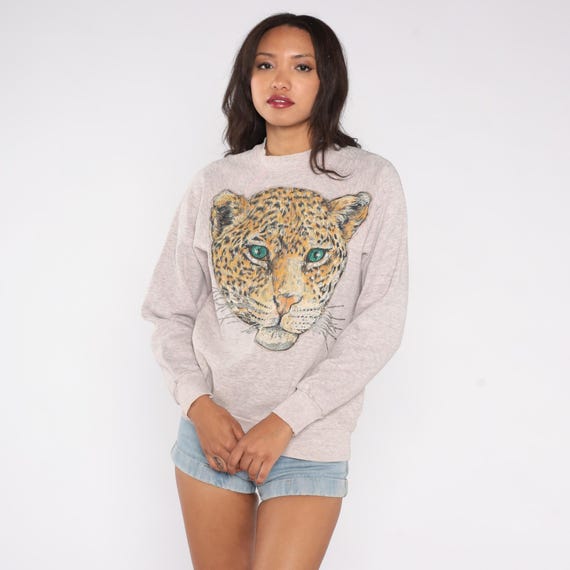 90s Leopard Sweatshirt Gray Animal Face Glitter Green Eyes Silver Glitter Raglan Sleeve Wildlife Big Cat Crewneck Vintage Casual Large L