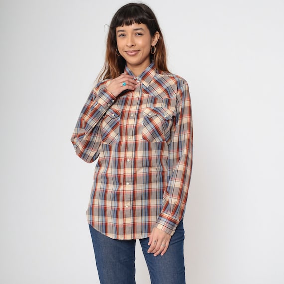 Vintage Levi's Western Shirt 80s Rust Plaid Pearl Snap Shirt Button Up Levi Strauss Long Sleeve Rodeo Cowboy Cream Checkered 1980s Medium M