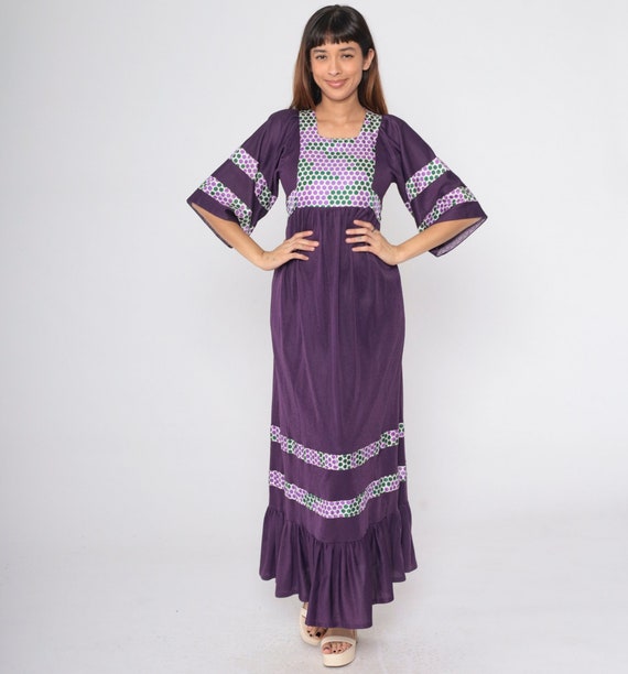 70s Maxi Dress Purple Polka Dot Bib Wide Sleeve Boho 1970s Bohemian Empire Waist Hippie Festival Vintage Flounce Hem Green White Small