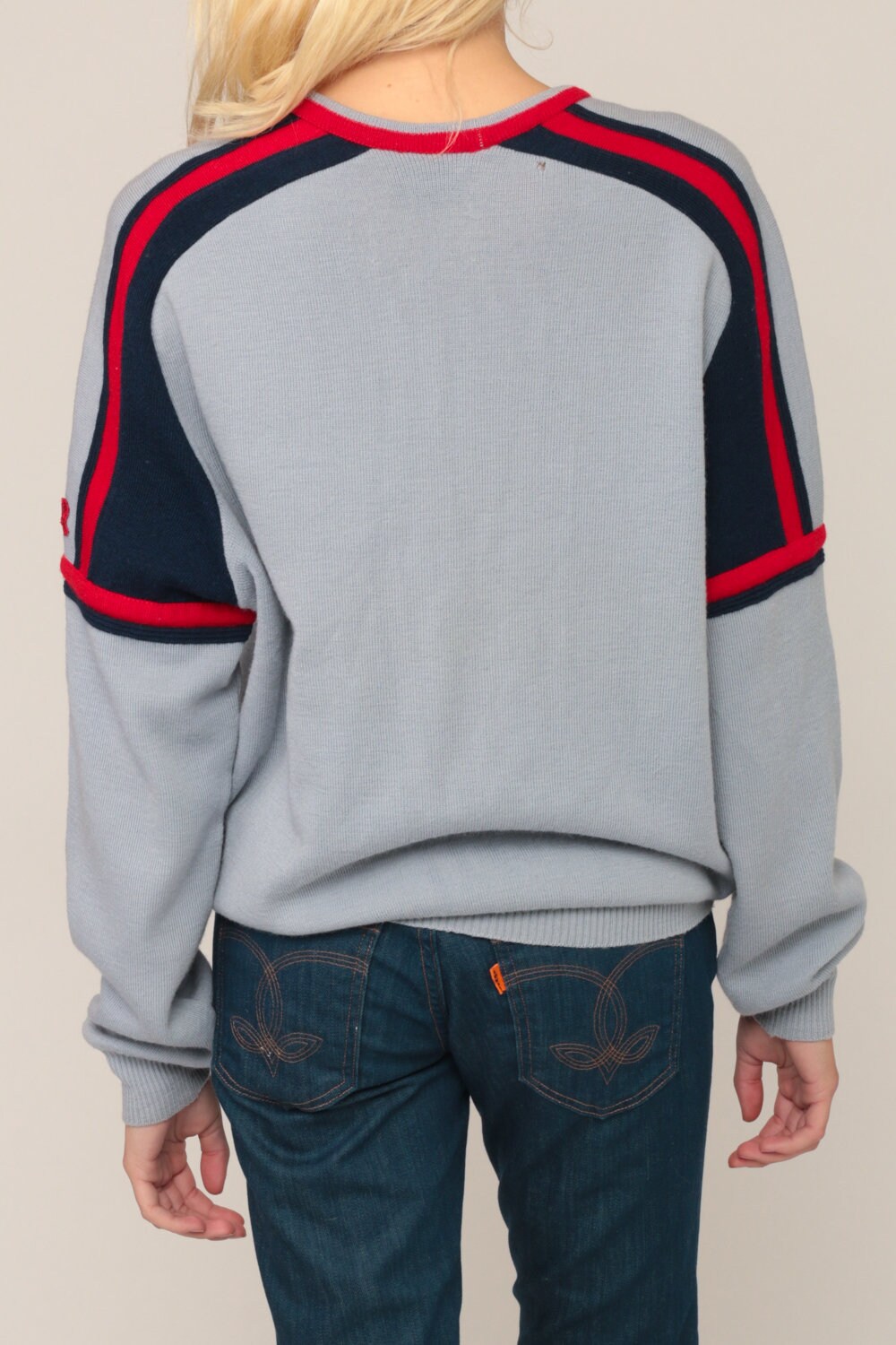 Striped Sweater 80s WOOL Sweater Grey Knit Red Blue Grunge Oversized Slouch Hipster 1980s Jumper 