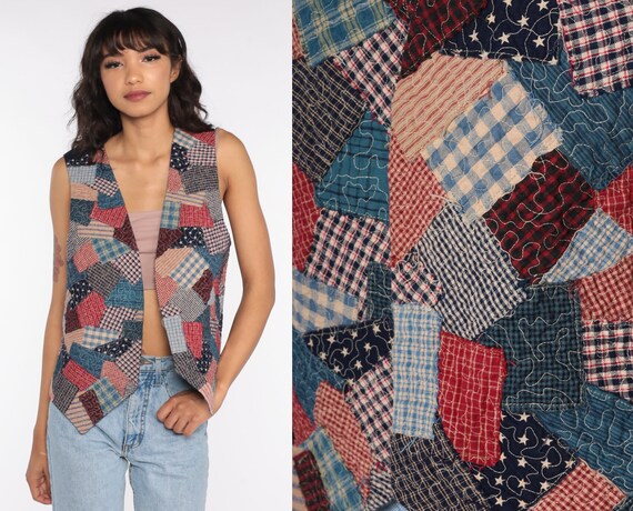 90s Patchwork Vest Top Hippie Shirt Sleeveless Vest Red Blue Top 1990s Gingham Checkered Vest Vintage Open Front Medium