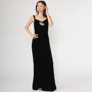 Vintage Black Velvet Dress 90s Rosette Flower Maxi Dress Goth Sweetheart Neckline Formal Evening Party Sleeveless A-Line 1990s Gothic Small