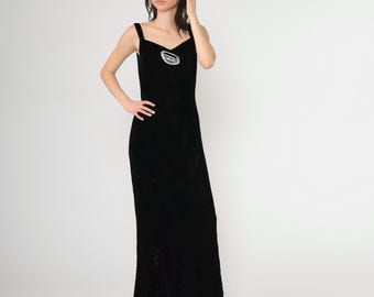 Vintage Black Velvet Dress 90s Rosette Flower Maxi Dress Goth Sweetheart Neckline Formal Evening Party Sleeveless A-Line 1990s Gothic Small