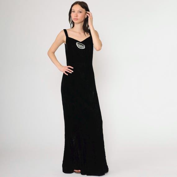Vintage Black Velvet Dress 90s Rosette Flower Maxi Dress Goth Sweetheart Neckline Formal Evening Party Sleeveless A-Line 1990s Gothic Small