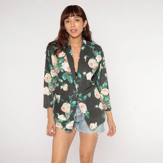 Floral Jacket 90s Open Front Kimono Jacket Bohemian Vintage 1990s Pink Rose Jacket Black Green Pink Boho Jacket Retro Small S