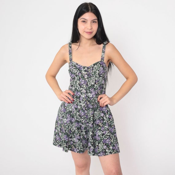 Floral Romper Dress 90s Mini Corset Playsuit Retro Wide Leg Shorts Button Up Sleeveless Boho Black Green Purple Cotton Vintage 1990s Medium