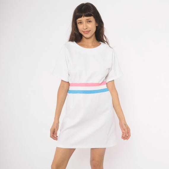 70s Preppy Mod Dress Striped Waist White Pink Blue Ribbed Knit Band Pullover Short Sleeve Sporty Tennis Style Ivory Cream Vintage Large L