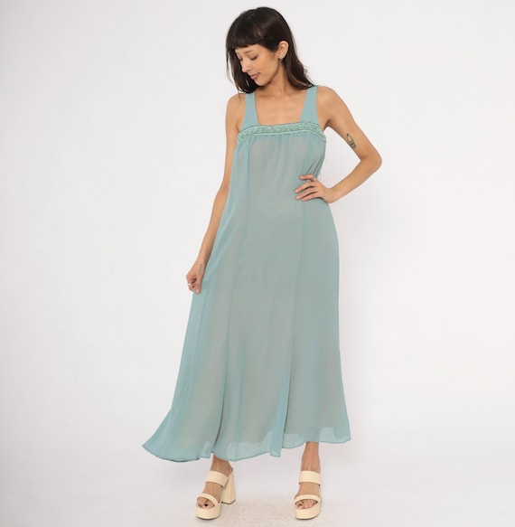 Beaded Chiffon Maxi Dress 80s Ice Blue Sleeveless Empire Waist Embellished Gown Powder Sky Fairy Summer Spring Ice Princess Vintage Small S