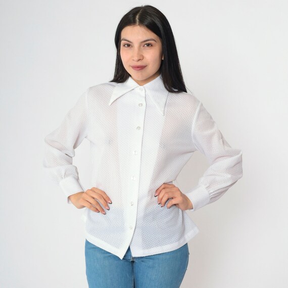 70s White Blouse Sheer Button Down Shirt Disco Collar Long Sleeve Vintage 1970s Textured Top Seventies Medium Large