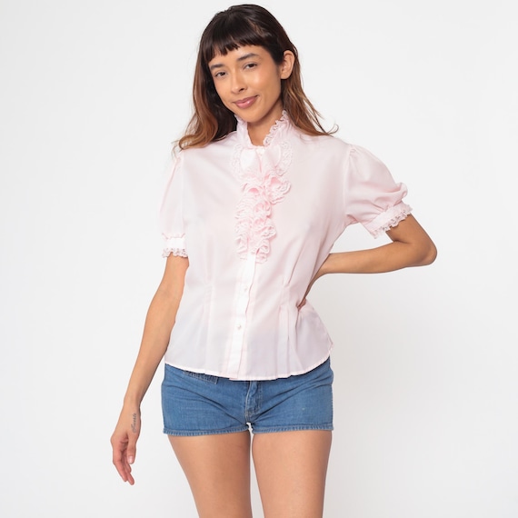 Pink Ruffle Blouse 80s Vintage Lace Trim Button Up Puff Sleeve Victorian Prairie Romantic Cottagecore Disco Tuxedo Shirt Feminine Small S
