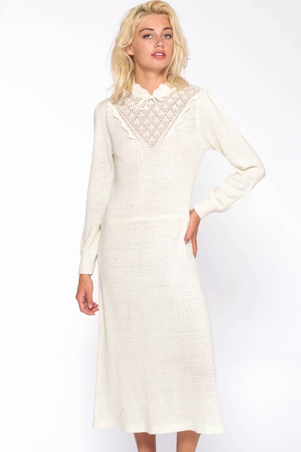 Off-White Knit Dress 70s Crochet Midi Dress Sweater Dress Boho CUTOUT Crochet Nubby Puff Sleeve 