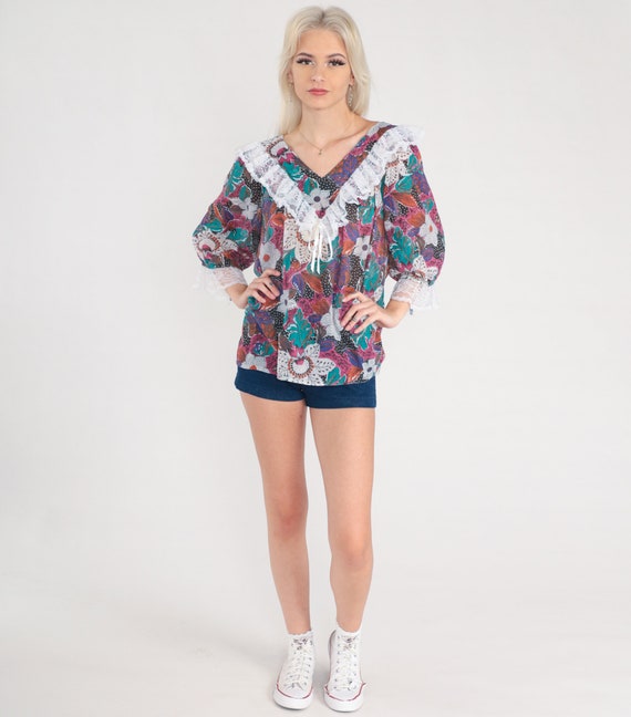 Lace Floral Blouse 80s Ruffle Shirt Boho Top Trop… - image 3