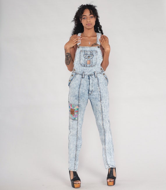 Acid Wash Denim Overalls 90s Painted Denim Bib Overalls Tapered Dungarees Jeans Long Pants Blue Neon Floral 1990s Vintage Carpenter Small