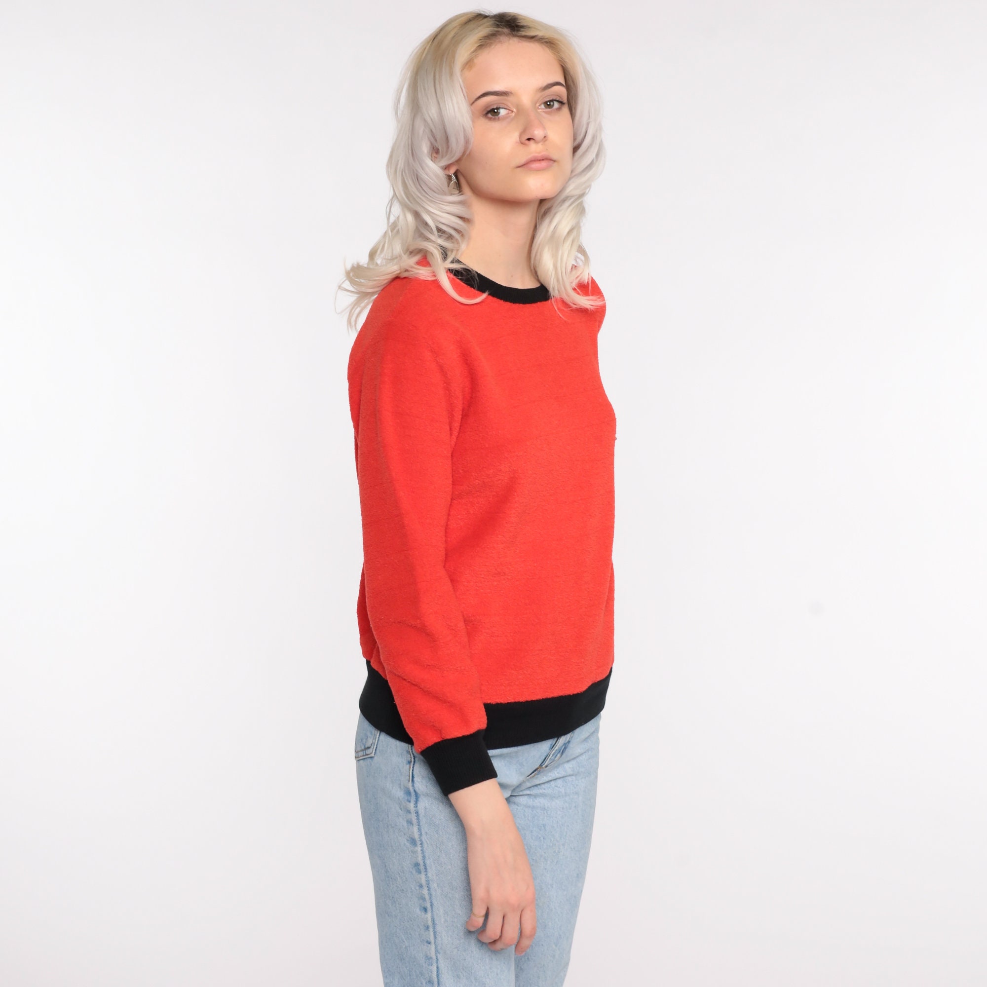 Terry Cloth Sweater 70s Red-Orange Umbrella Shirt Slouchy Sweatshirt ...