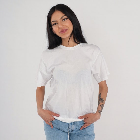White T-Shirt 80s Plain TShirt Retro Crewneck Tee Basic Short Sleeve Crew Neck Solid Top Minimalist Casual Vintage 1980s Cotton Large L