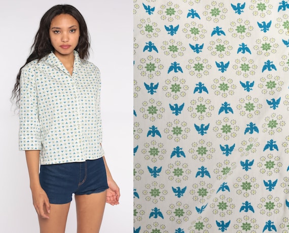 60s Floral Shirt White Green Flower Print Button Up Blouse Hippie Blouse Boho Top 1960s Vintage 3/4 Sleeve Ship N Shore Large L