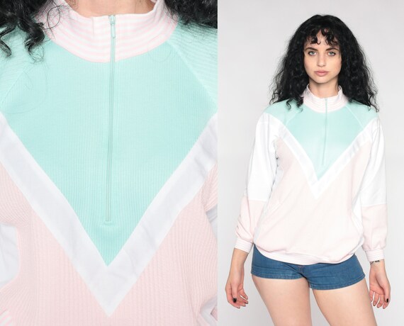 Color Block Sweatshirt 80s 90s Pastel Quarter Zip Up Sweatshirt Mock Neck Retro Slouchy Pink Mint Green Vintage Loungewear Medium