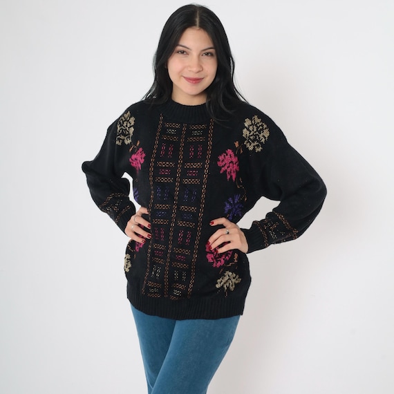 Vintage Metallic Floral Sweater 80s Glitter Knit Pullover Crewneck Black Gold Pink Sparkly Retro Holiday 1980s Acrylic Lurex Medium M