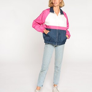 Color Block Windbreaker 90s Zip Up Jacket Retro Pink White Blue Striped Lightweight Shell Hipster Streetwear Nylon Vintage 1990s Medium M image 4