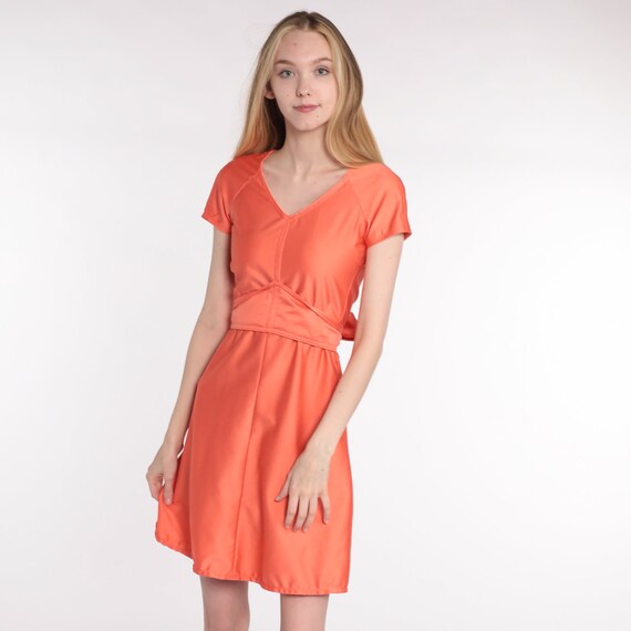 Vintage 70s Babydoll Dress Orange 1970s Mod Mini Dress 70s Deep V Neck Dress Party Empire Waist Short Sleeve Plain Extra Small xs
