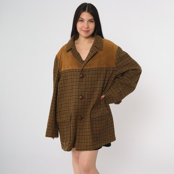 70s Brown Plaid Wool Blazer Corduroy Yoke Contrast Checkered Jacket Button Front Lined Grandpa Core Nerd Style Outerwear Coat XL
