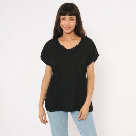 90s Black Top Lace  Neckline Black Blouse Crinkle Texture Short Sleeve Pullover Top Shirt Relaxed Fit Boxy Tee Vintage Extra Large XL