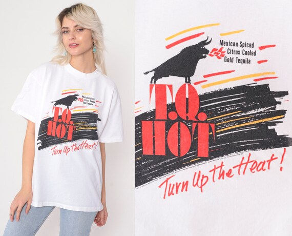 TQ Hot Tequila Shirt 90s Mexican Spiced Gold Tequila Liquor T-Shirt Graphic Tee Alcohol Logo TShirt White Single Stitch Vintage 1990s Large